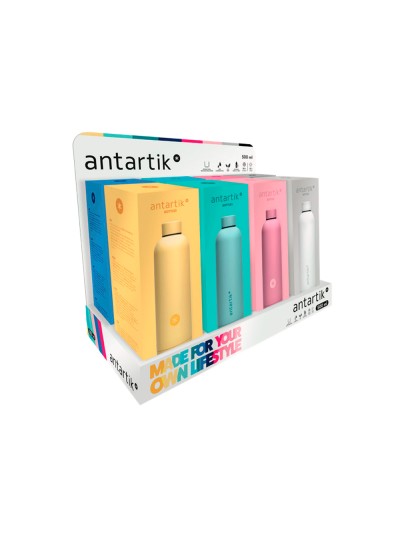 Botella antartik isotermica acero inoxidable libre de bpa 750ml expositor con 8 botellas