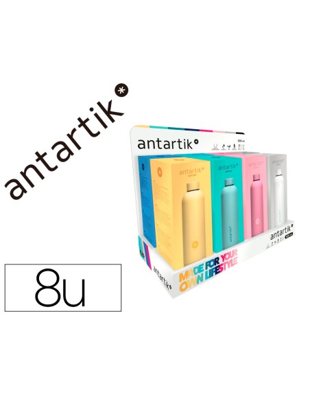 Botella antartik isotermica acero inoxidable libre de bpa 500ml expositor con 8 botellas