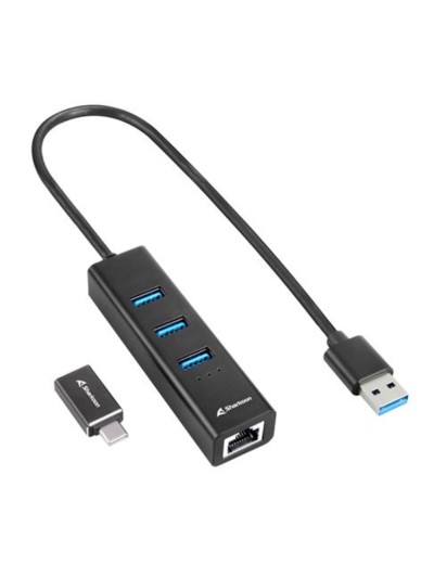 Hub usb sharkoon 3 x usb 3.2 gen 1 + rj45 aluminio negro + adaptador usb tipo c