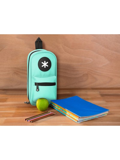Estuche portatodo antartik forma de mochila con bolsillo y 4 departamentos color menta 230x50x120 mm