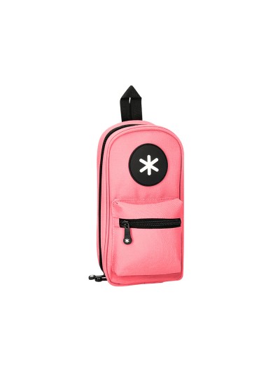 Estuche portatodo antartik forma de mochila con bolsillo y 4 departamentos color coral 230x50x120 mm