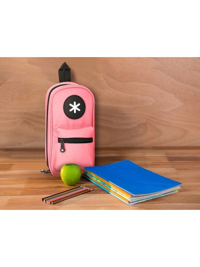 Estuche portatodo antartik forma de mochila con bolsillo y 4 departamentos color coral 230x50x120 mm