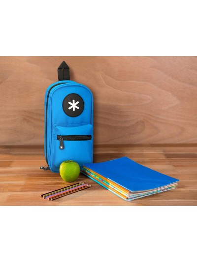 Estuche portatodo antartik forma de mochila con bolsillo y 4 departamentos color azul 230x50x120 mm