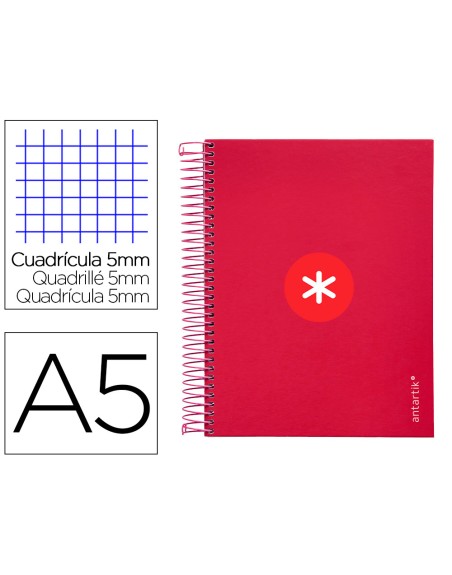 Cuaderno espiral a5 micro antartik tapa forrada120h 90 gr cuadro 5mm 5 bandas6 taladros color frambuesa
