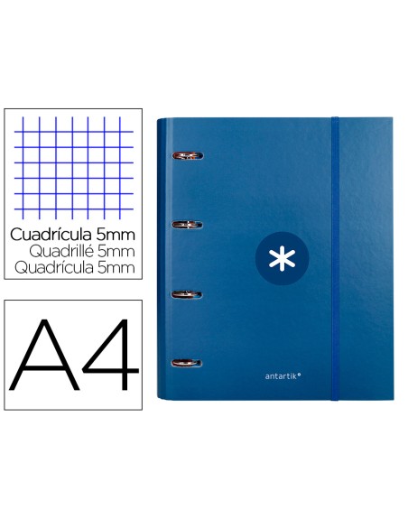 Carpeta con recambio antartik a4 cuadro 5mm forrada 4 anillas 40mm redondas con solapa color azul marino