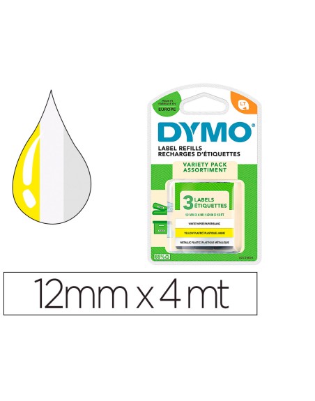 Cinta dymo metalizada letratag 12mm x 4mt papel blanco / plastico amarillo / metalica plata pack de 3