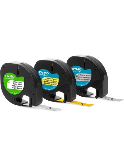 Cinta dymo metalizada letratag 12mm x 4mt papel blanco / plastico amarillo / metalica plata pack de 3