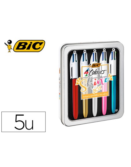 Boligrafo bic cuatro colores shine box caja metalica 5 unidades surtidas