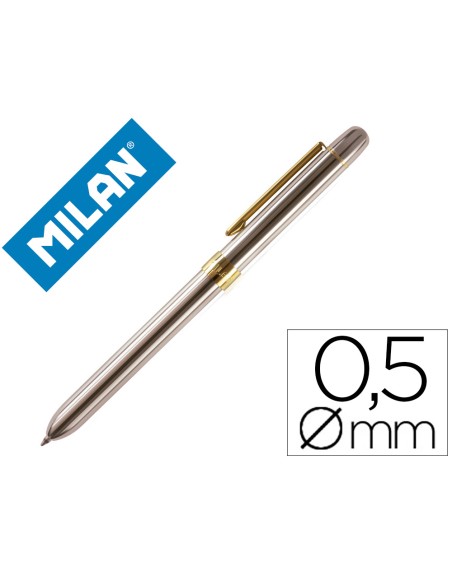 Boligrafo milan multifuncion cromado adornos dorados azul/rojo/portaminas 0,5 mm/ goma de borrar en caja metal