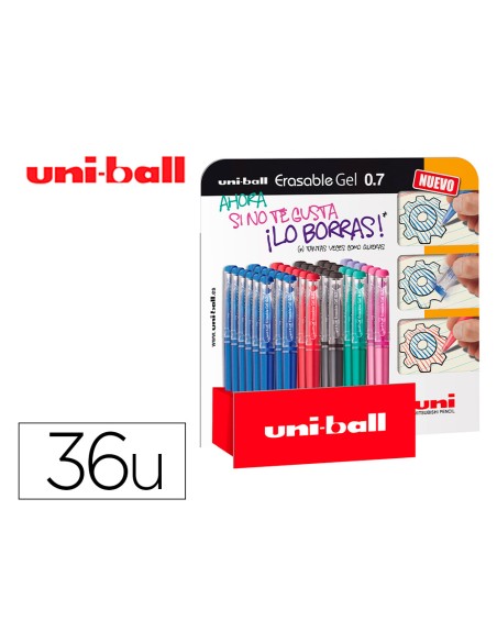 Rotulador uni-ball roller uf-222 tinta gel borrable 0,7 mm expositor de 36 unidades colores surtidos