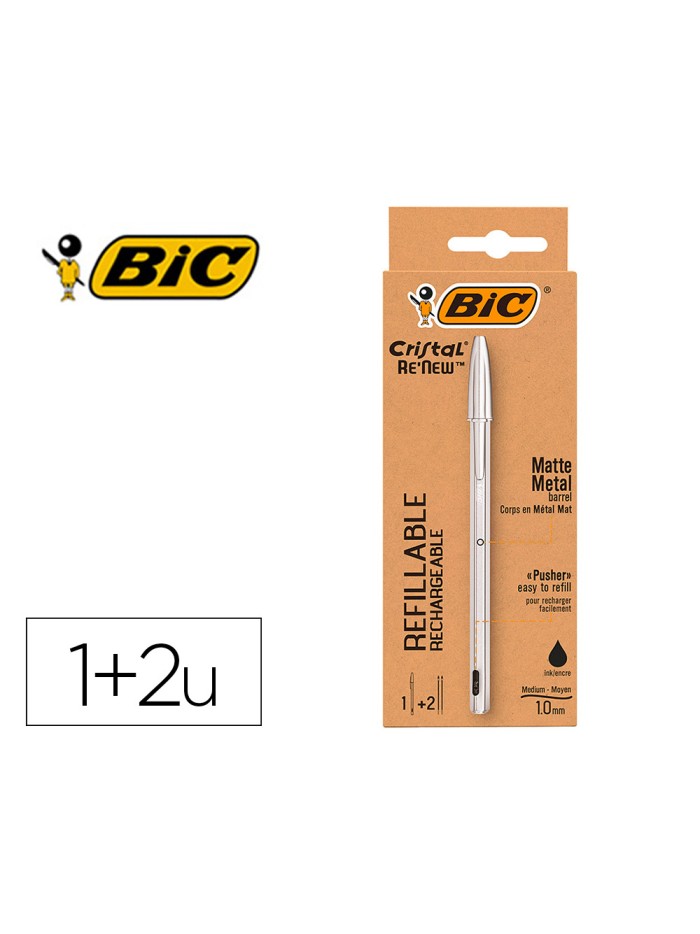 Boligrafo bic cristal renew cuerpo en aluminio mate tinta negro + 2 recambios en caja de carton Boligrafo bic cristal renew cuerpo en aluminio mate tinta negro + 2 recambios en caja de carton