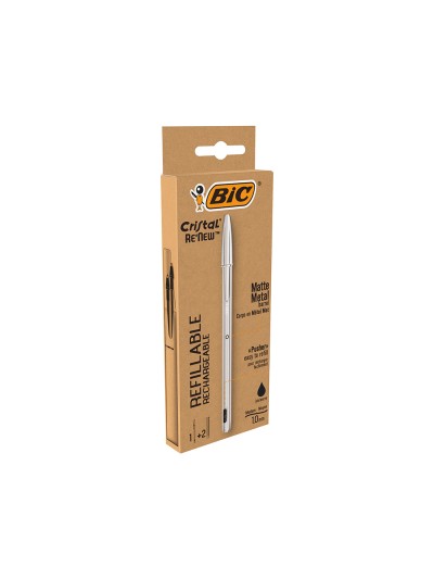 Boligrafo bic cristal renew cuerpo en aluminio mate tinta negro + 2 recambios en caja de carton