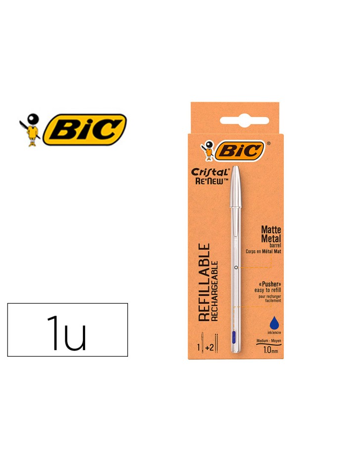Boligrafo bic cristal renew cuerpo en aluminio mate tinta azul + 2 recambios en caja de carton Boligrafo bic cristal renew cuerpo en aluminio mate tinta azul + 2 recambios en caja de carton