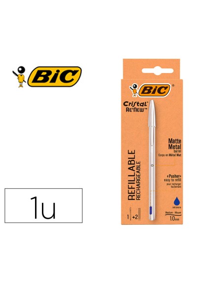 Boligrafo bic cristal renew cuerpo en aluminio mate tinta azul + 2 recambios en caja de carton