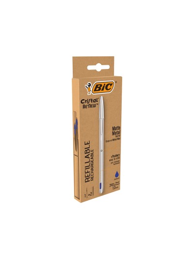 Boligrafo bic cristal renew cuerpo en aluminio mate tinta azul + 2 recambios en caja de carton