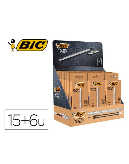 Boligrafo bic cristal renew 21 expositor 15 unidades azul + 6 negro regalo 50 bic cristal azul