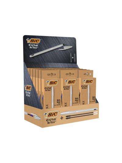 Boligrafo bic cristal renew 21 expositor 15 unidades azul + 6 negro regalo 50 bic cristal azul