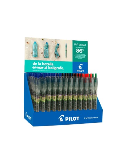Boligrafo pilot ecoball plastico reciclado expositor de 60 unidades colores surtidos + 10 boligrafos