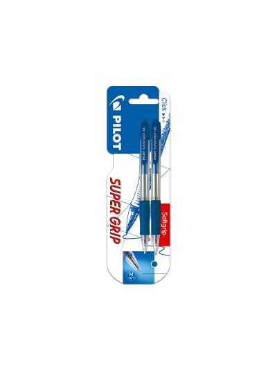 Boligrafo pilot super grip azul retractil sujecion de caucho tinta base de aceite en blister de 2 unidades