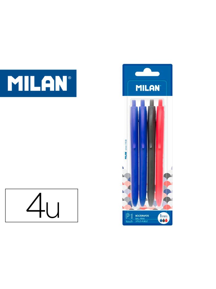 Boligrafo milan p1 retractil 1 mm touch blister de 4 unidades colores surtidos Boligrafo milan p1 retractil 1 mm touch blister de 4 unidades colores surtidos