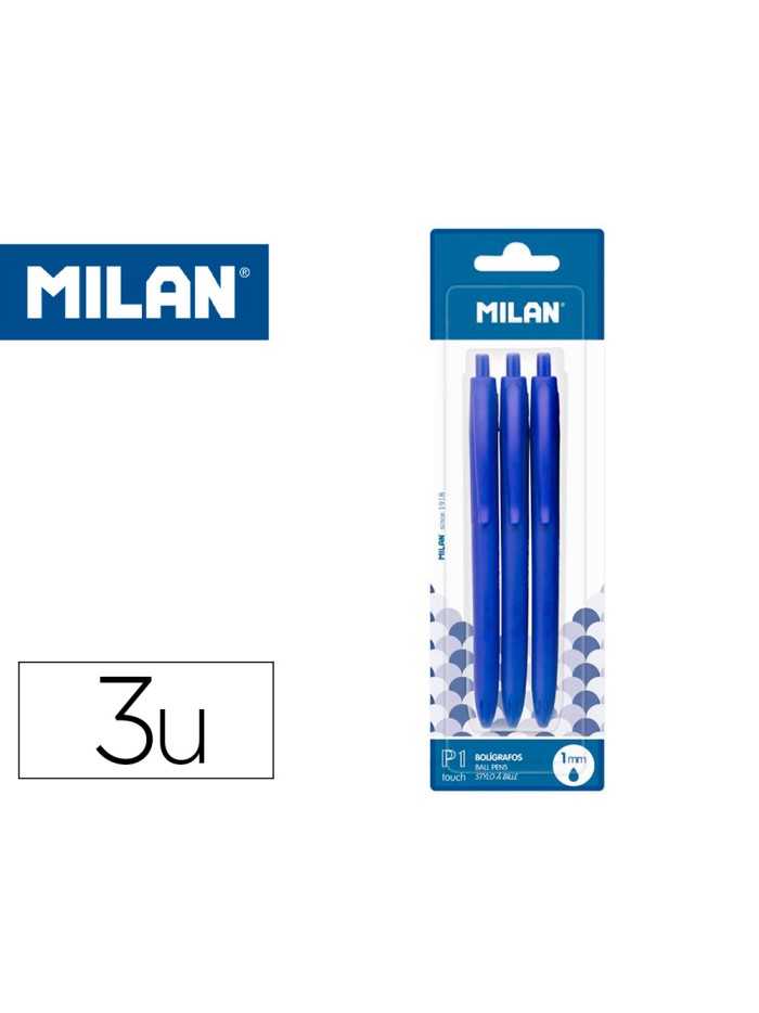 Boligrafo milan p1 retractil 1 mm touch azul blister de 3 unidades Boligrafo milan p1 retractil 1 mm touch azul blister de 3 unidades