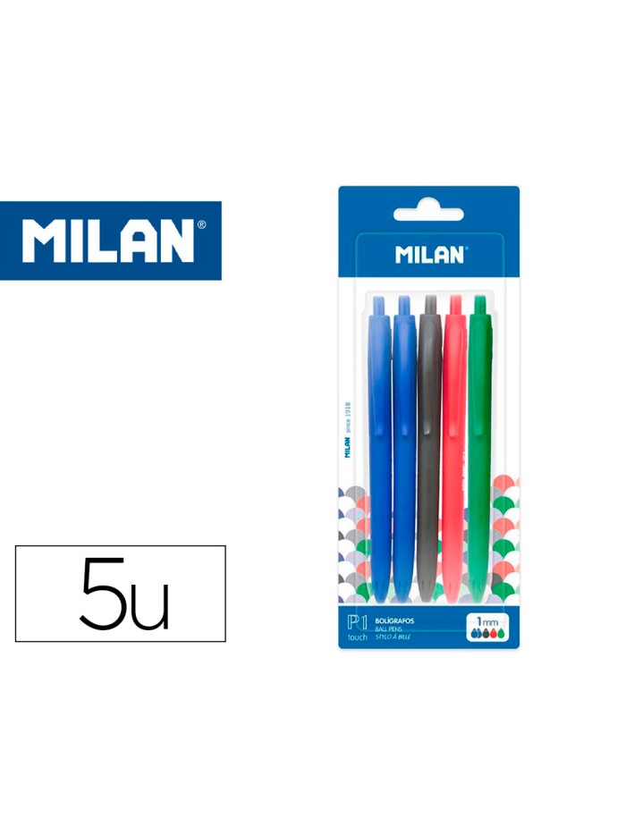 Boligrafo milan p1 retractil 1 mm touch blister de 5 unidades colores surtidos Boligrafo milan p1 retractil 1 mm touch blister de 5 unidades colores surtidos