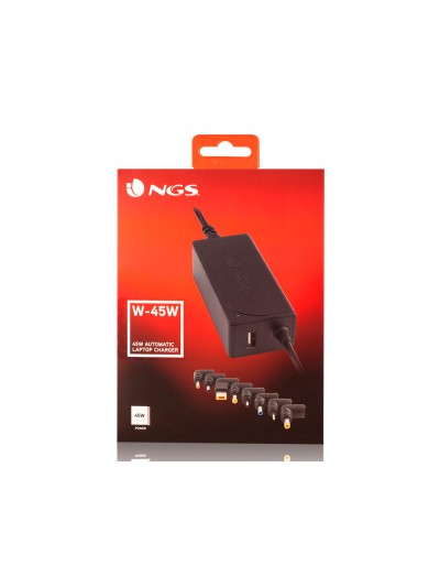 Adaptador de corriente ngs automatic 45w con 8 adaptadores y salida usb 2a