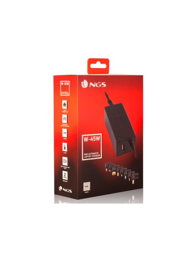 Adaptador de corriente ngs automatic 45w con 8 adaptadores y salida usb 2a