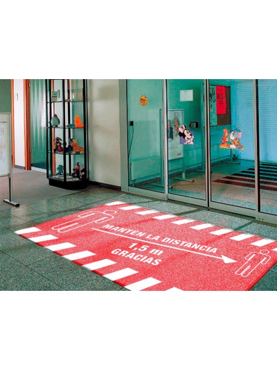 Alfombra para suelo de paso novus manten la distancia de 1,5 m gracias fondo rojo 85x150 cm