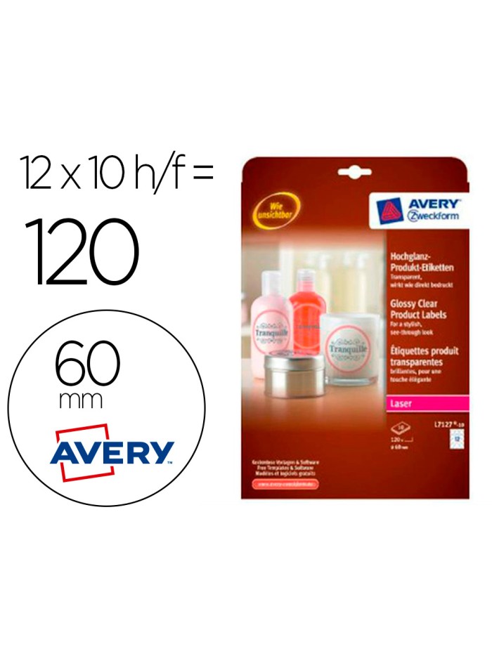 Etiqueta adhesiva avery brillante invisible redonda laser 60 mm caja de 120 unidades Etiqueta adhesiva avery brillante invisible redonda laser 60 mm caja de 120 unidades