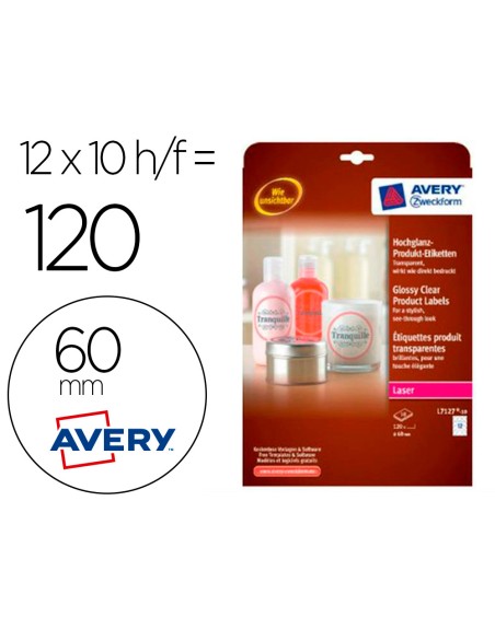 Etiqueta adhesiva avery brillante invisible redonda laser 60 mm caja de 120 unidades