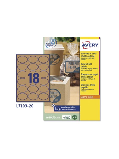 Etiqueta adhesiva avery kraft efecto carton ovalada 63,5x42,3 mm removible laser ink-jet caja de 320 unidades