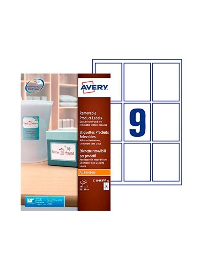 Etiqueta adhesiva avery removible para impresora laser inyeccion tinta fotocopiadora blanca 62x89 mm