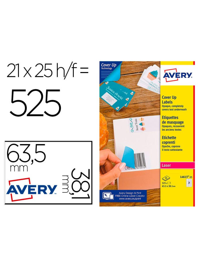 Etiqueta adhesiva cubriente avery permanente para impresora laser blanca 63,5x 38,1 mm caja de 525 unidades Etiqueta adhesiva cubriente avery permanente para impresora laser blanca 63,5x 38,1 mm caja de 525 unidades