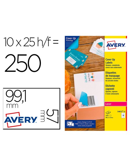 Etiqueta adhesiva cubriente avery permanente para impresora laser blanca 99,1x57 mm caja de 250 unidades