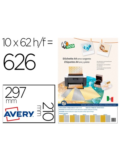 Etiqueta adhesiva tico papel satinado oro / plata laser medidas surtidas caja de 626 unidades