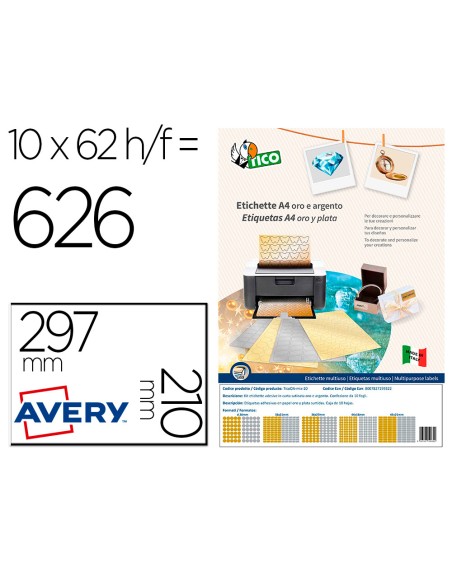 Etiqueta adhesiva tico papel satinado oro / plata laser medidas surtidas caja de 626 unidades