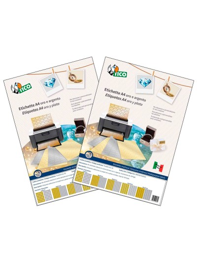 Etiqueta adhesiva tico papel satinado oro / plata laser medidas surtidas caja de 626 unidades