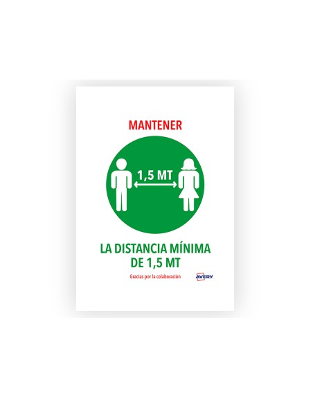 Señal adhesiva avery mantener distancia minina de 1,5 mt din a4 resistente a los rayos uv pack de 2 unidades