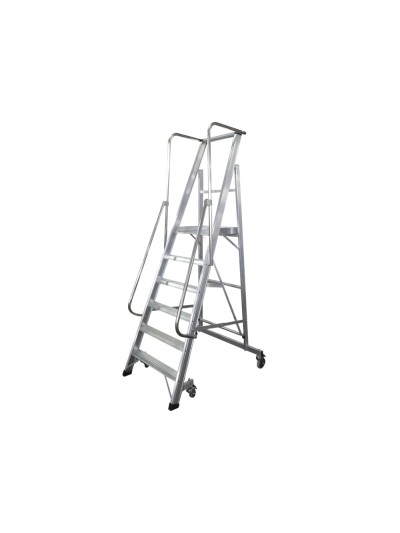 Escalera movil ktl de aluminio con plataforma y guardacuerpos plegable 6 peldaños serie 2xl-s