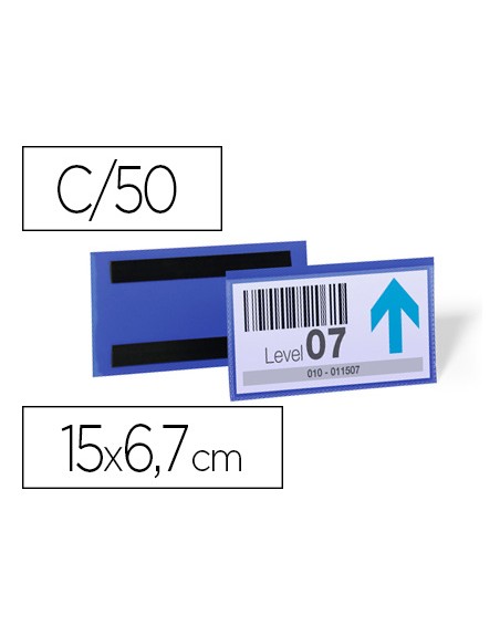 Funda durable magnetica 150x67 mm plastico azul ventana transparente pack de 50 unidades