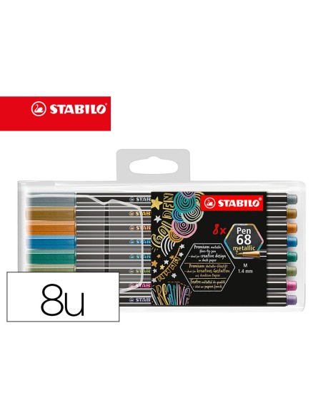 Rotulador stabilo punta de fibra pen 68 metallic estuche plastico de 8 unidades colores surtidos