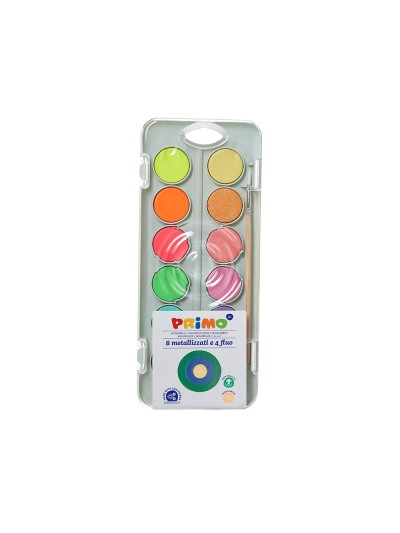 Acuarela primo 8 colores metal + 4 colores neon con pincel y paleta de mezcla estuche de plastico