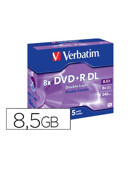Dvd+r verbatim doble capa capacidad 8.5gb velocidad 8x 240 min pack de 5 unidades