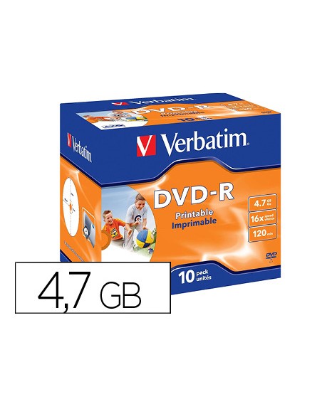 Dvd-r verbatim imprimible capacidad 4.7gb velocidad 16x 120 min pack de 10 unidades