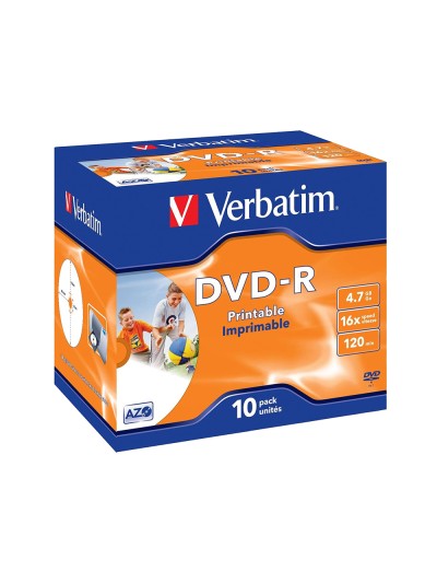 Dvd-r verbatim imprimible capacidad 4.7gb velocidad 16x 120 min pack de 10 unidades