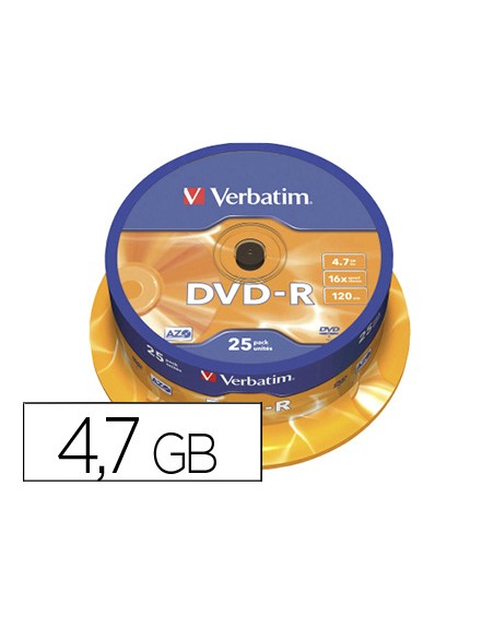 Dvd-r verbatim capacidad 4.7gb velocidad 16x 120 min tarrina de 25 unidades