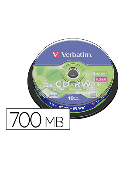 Cd-rw verbatim serl capacidad 700mb velocidad 12x 80 min tarrina de 10 unidades