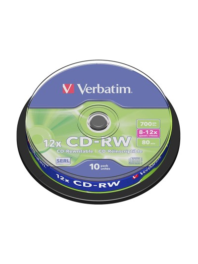 Cd-rw verbatim serl capacidad 700mb velocidad 12x 80 min tarrina de 10 unidades