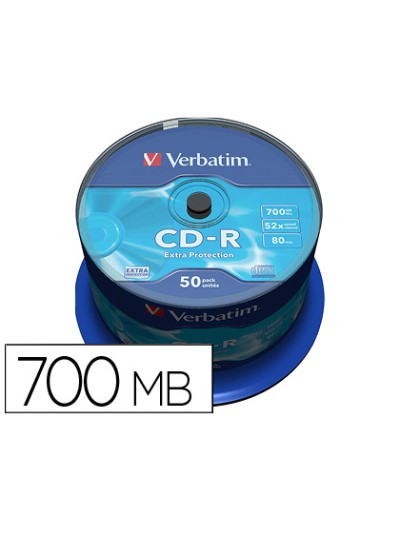 Cd-r verbatim capacidad 700mb velocidad 52x 80 min tarrina de 50 unidades